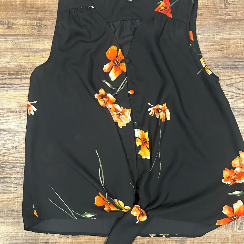Bobeau Black Top with Orange Floral Design